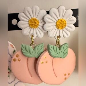 Floral and Peach Dangle Earrings Polymer Clay Handmade